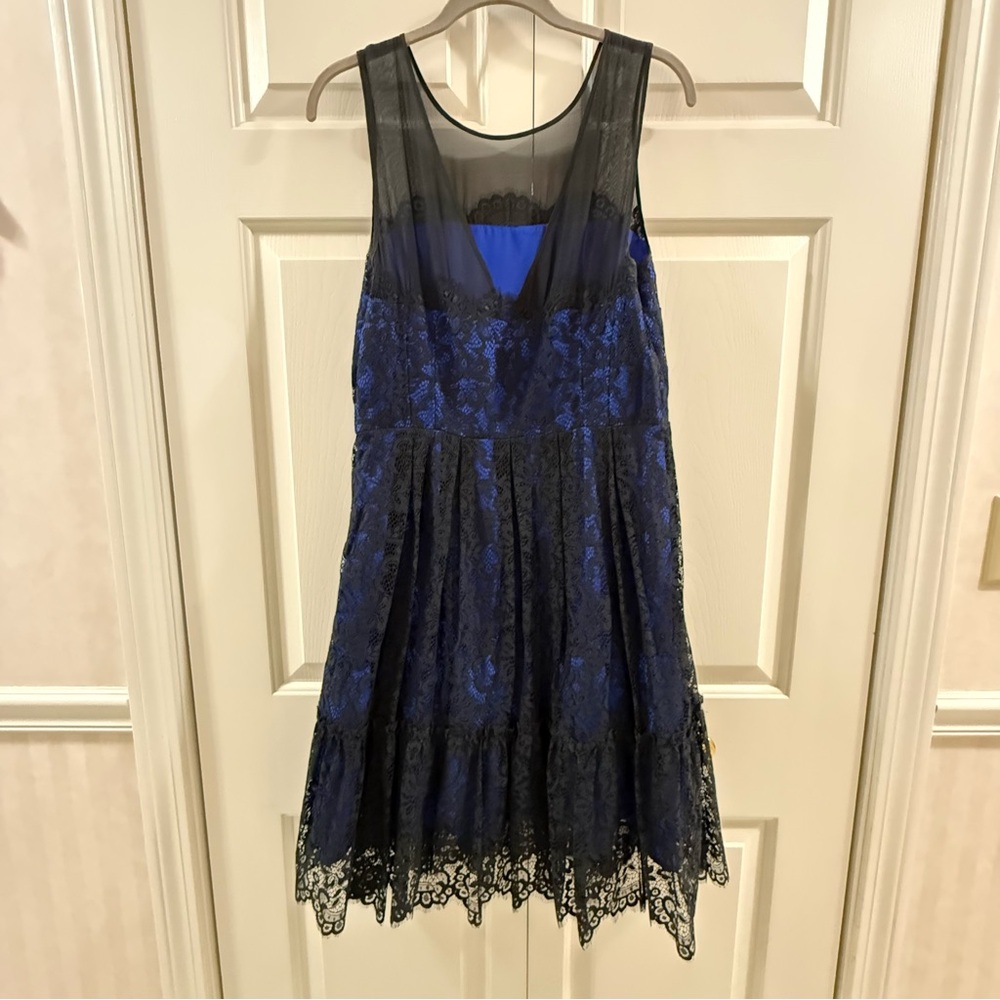 Moulinette Soeurs Anthropologie Sapphire Blue Black Lace Overlay Dress Sz 12 - Picture 5 of 7